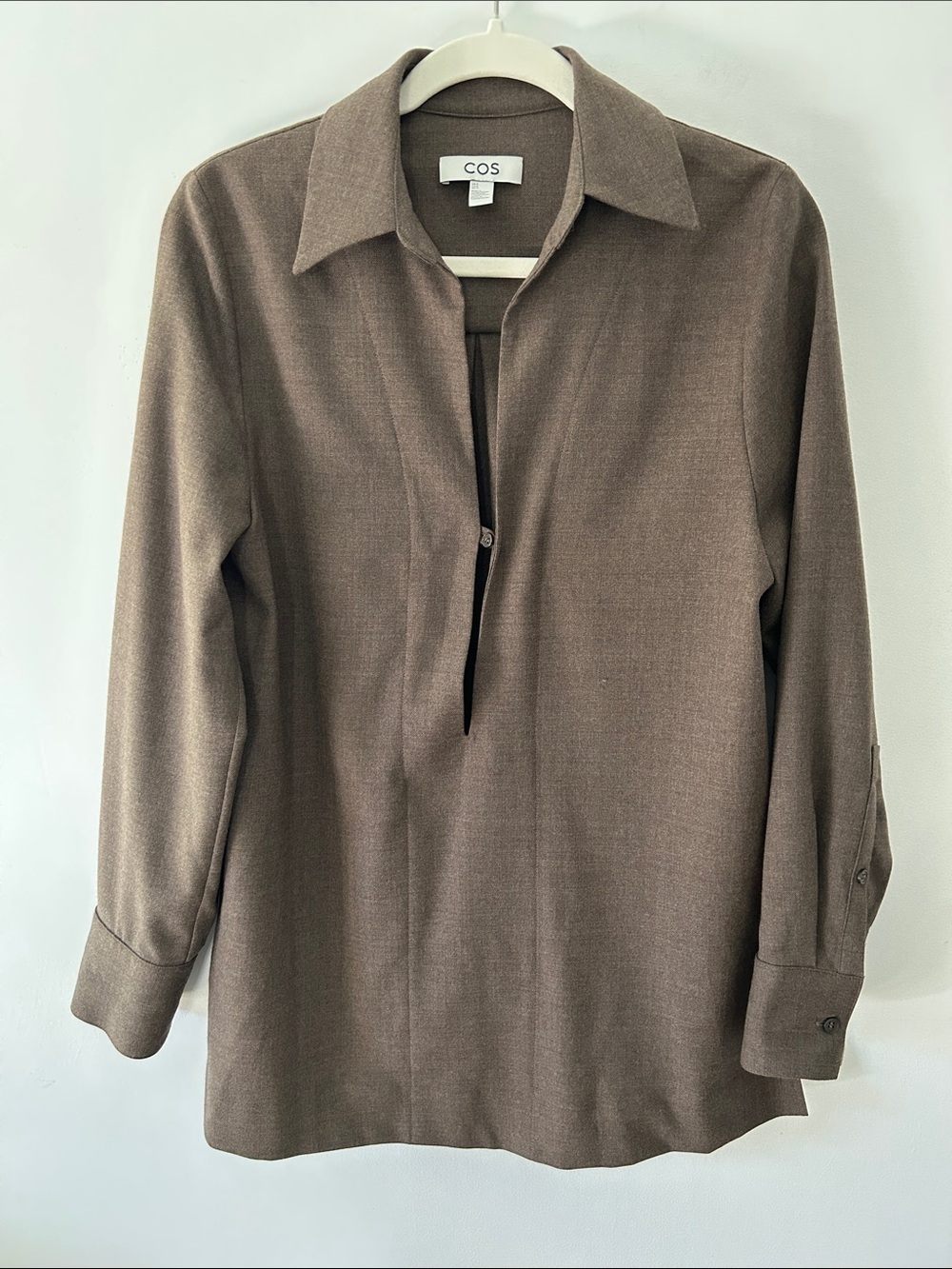 COS Open Collar Wool Blend Shirt Brown Single Button Minimalist Poet Tunic